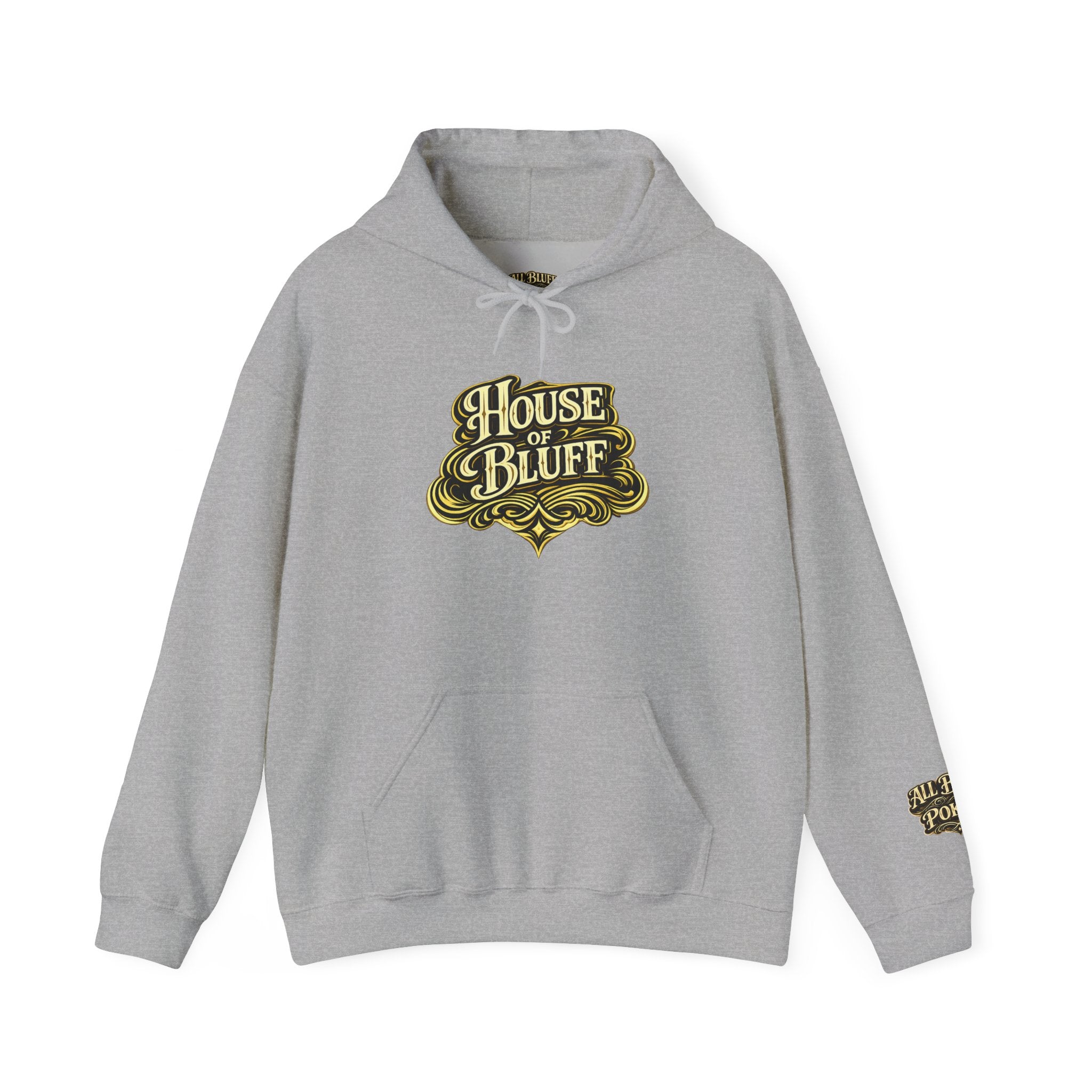 House of Bluff Pullover Hoodie in Sport Grey – Front Flat Lay | All Bluff Poker