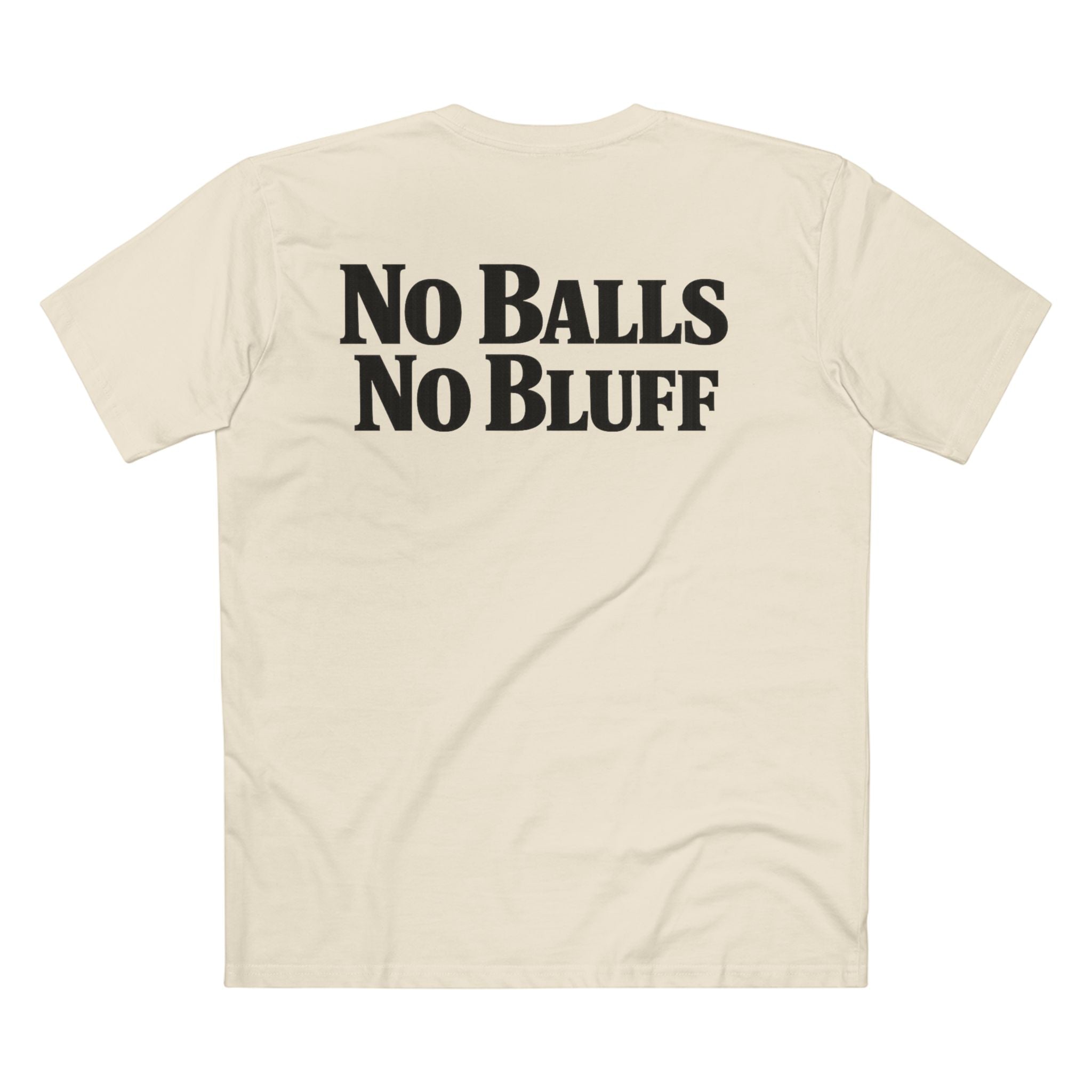 No Balls No Bluff T-Shirt in Natural – Back Flat Lay | All Bluff Poker