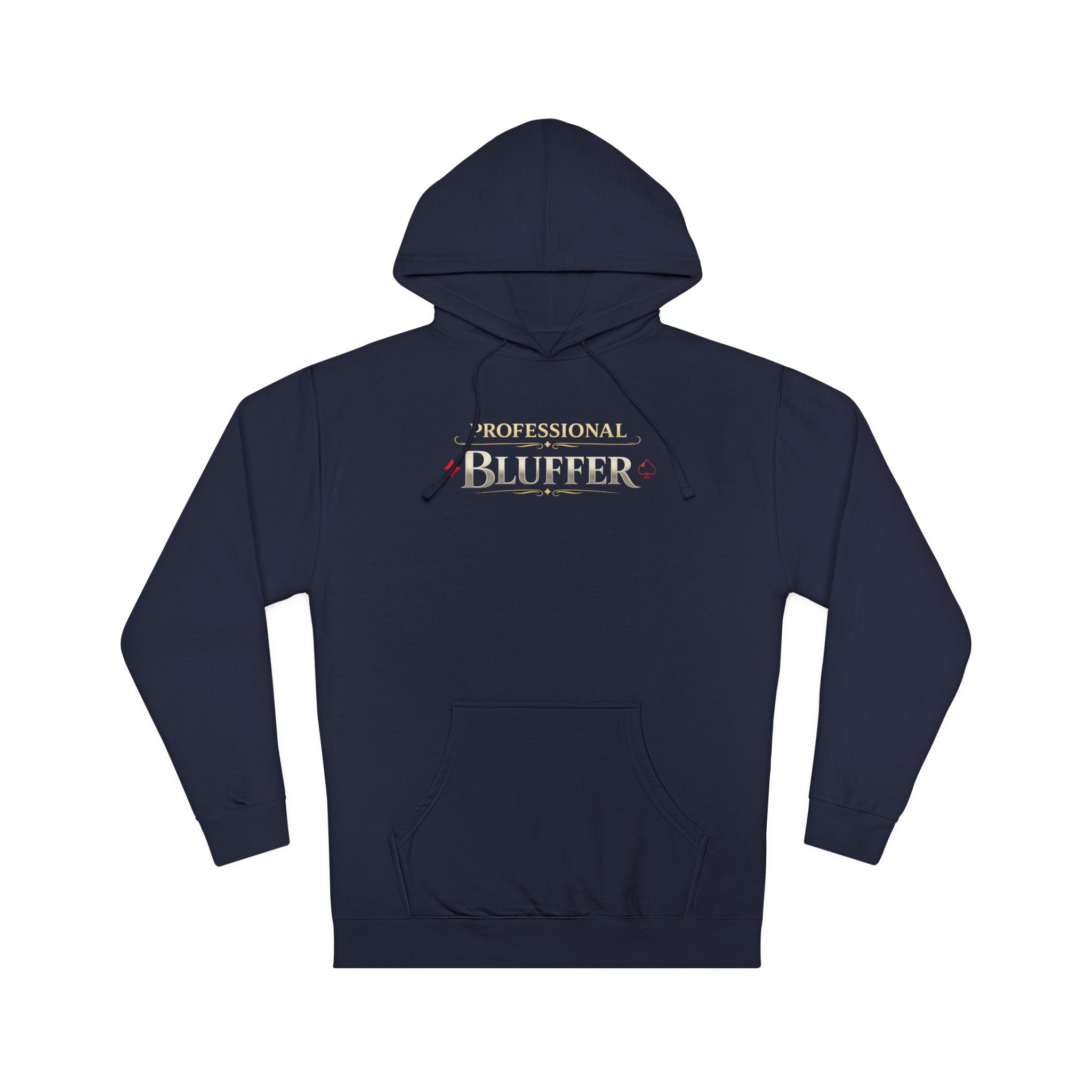 Professional Bluffer Pullover Hoodie in Classic Navy – Front Flat Lay | All Bluff Poker