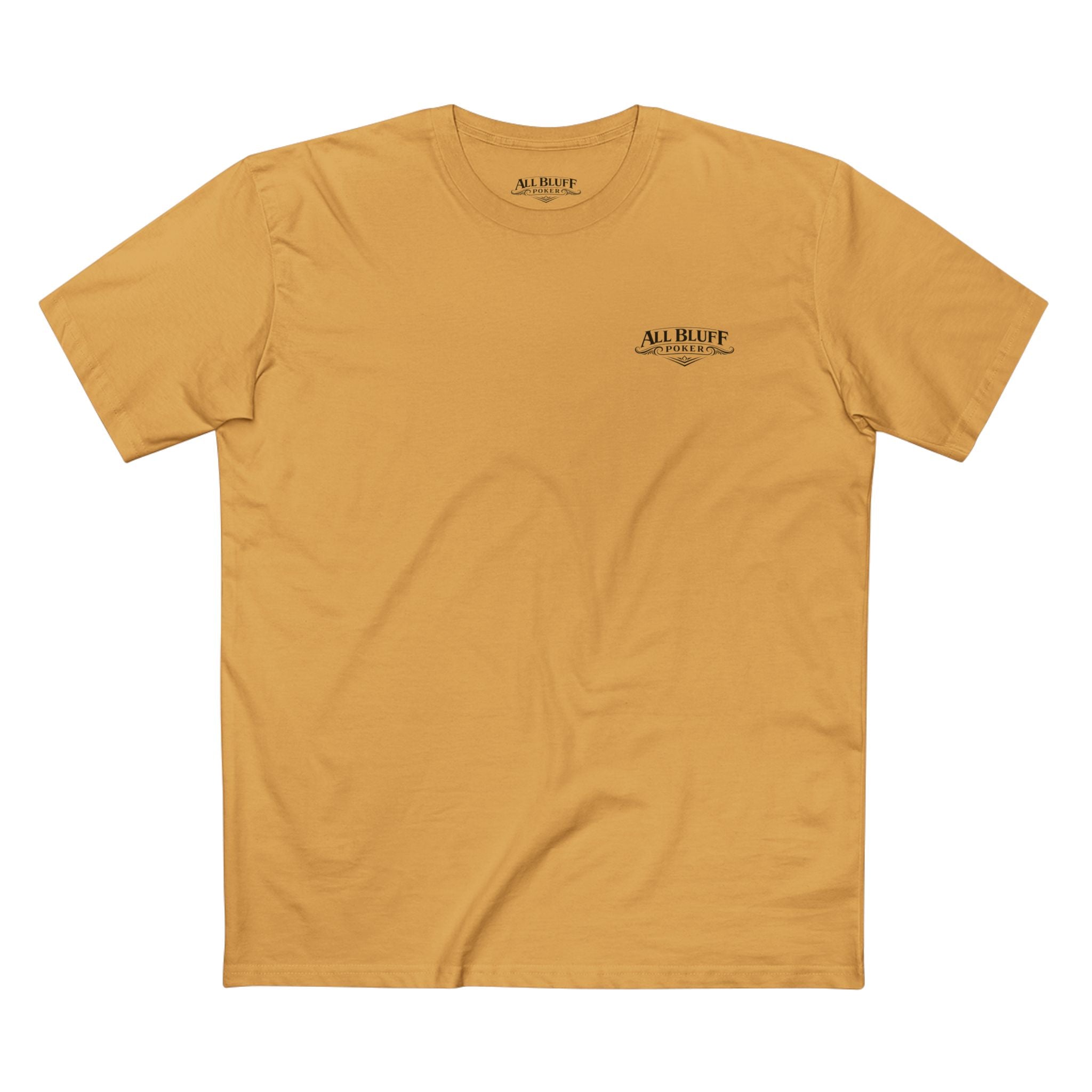 No Balls No Bluff T-Shirt in Mustard – Front Flat Lay | All Bluff Poker