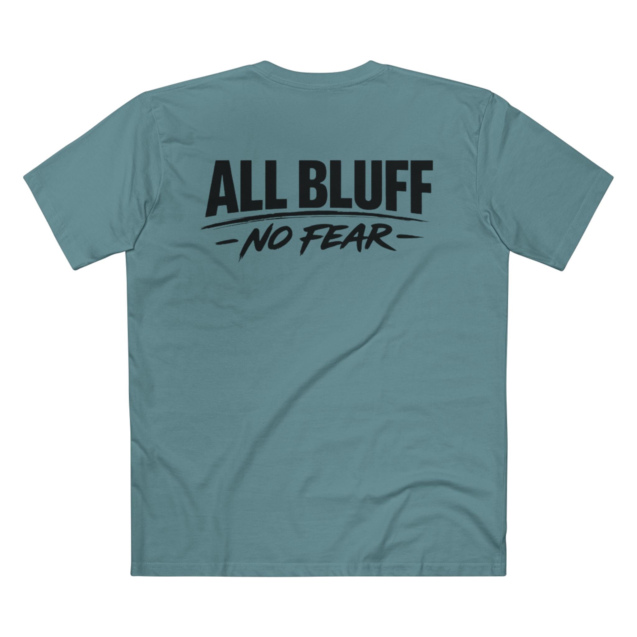 All Bluff No Fear T-Shirt in Slate Blue – Back Flat Lay | All Bluff Poker