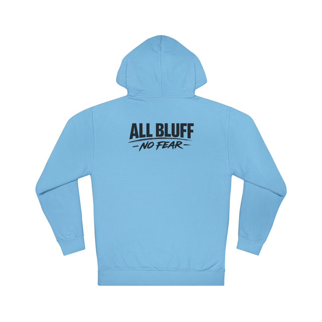 All Bluff No Fear Pullover Hoodie in Blue Aqua – Back Flat Lay | All Bluff Poker