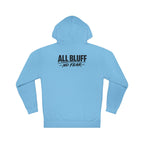 All Bluff No Fear Pullover Hoodie in Blue Aqua – Back Flat Lay | All Bluff Poker