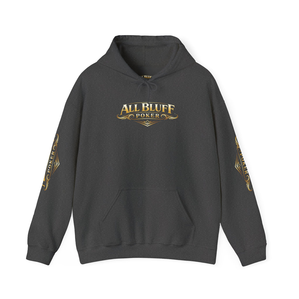 All Bluff Poker Pullover Hoodie in Dark Heather – Front Flat Lay with Left and Right Sleeve Graphics | All Bluff Poker