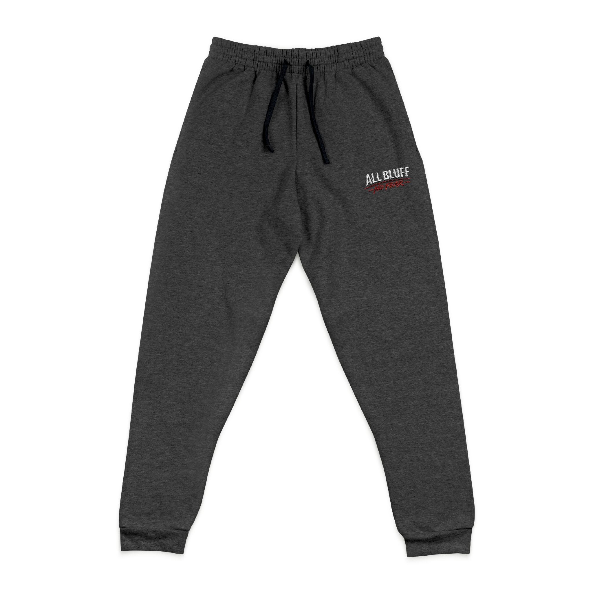 All Bluff No Fear Relaxed Sweatpants in Black Heather – Front Flat Lay with Left Leg Embroidery | All Bluff Poker