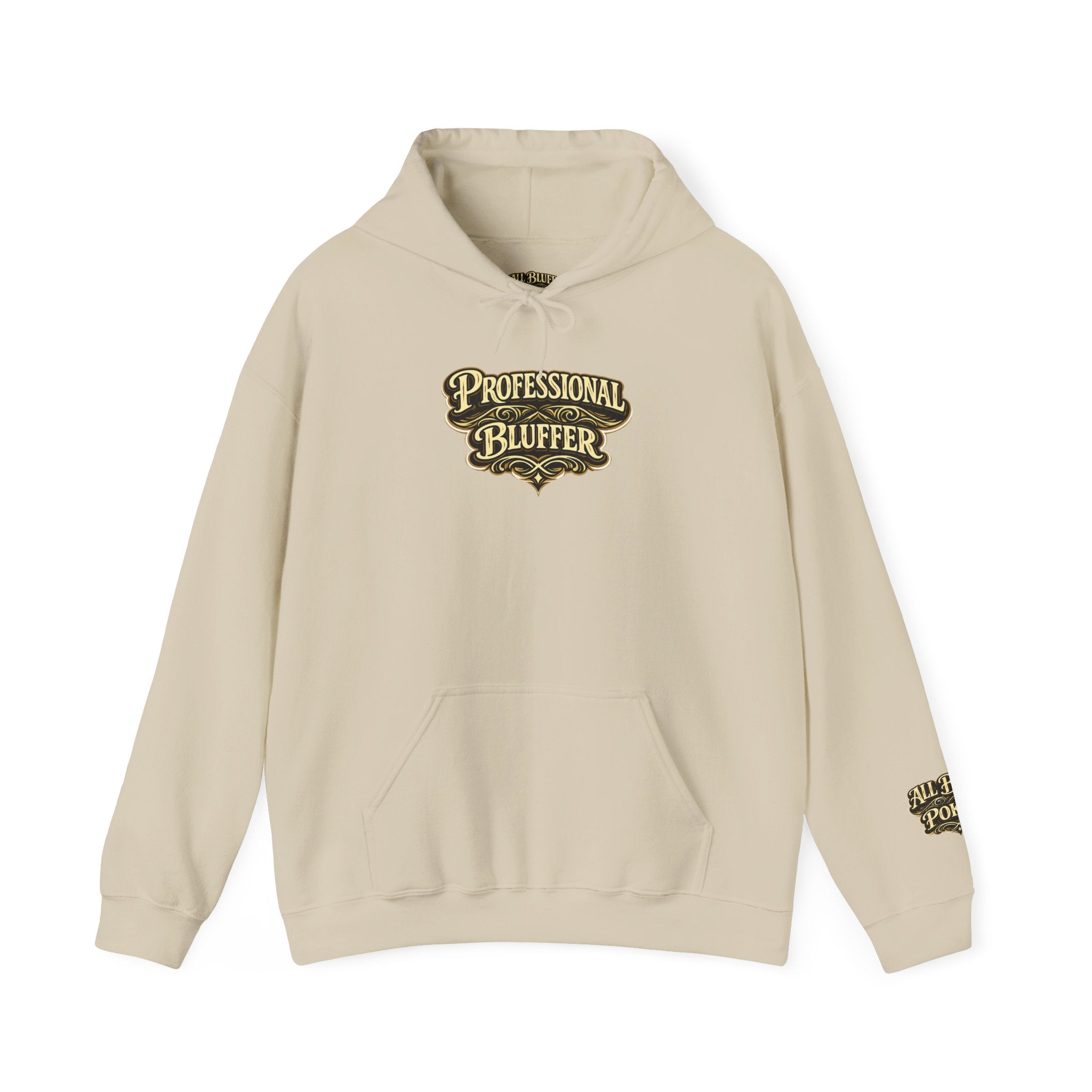 Professional Bluffer Pullover Hoodie in Sand – Front Flat Lay | All Bluff Poker