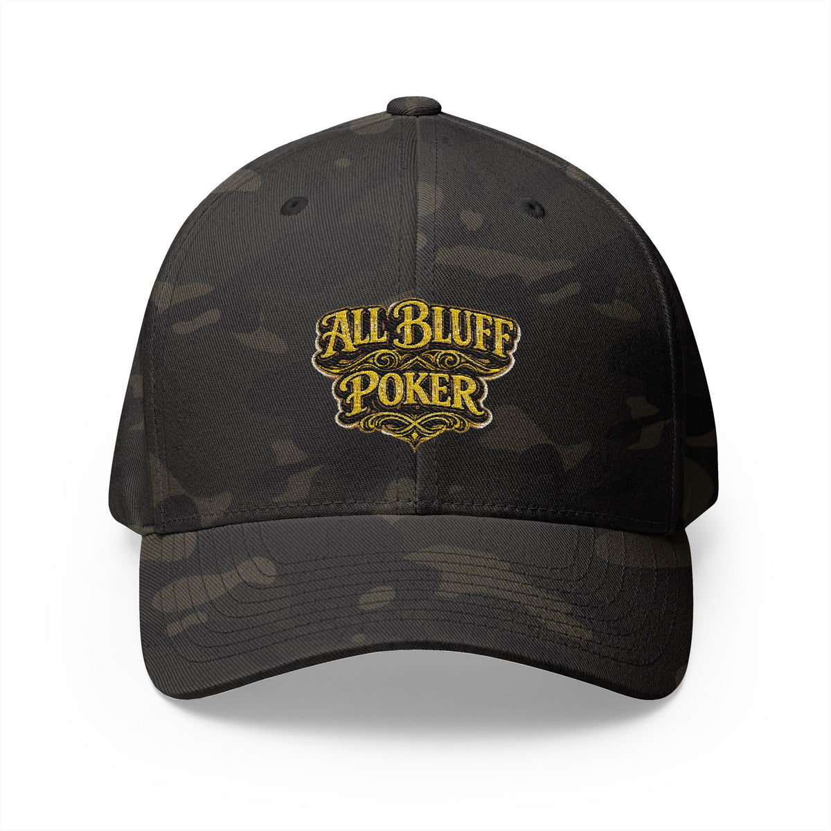 All Bluff Poker Fitted Cap in Multicam Black – Front View | All Bluff Poker