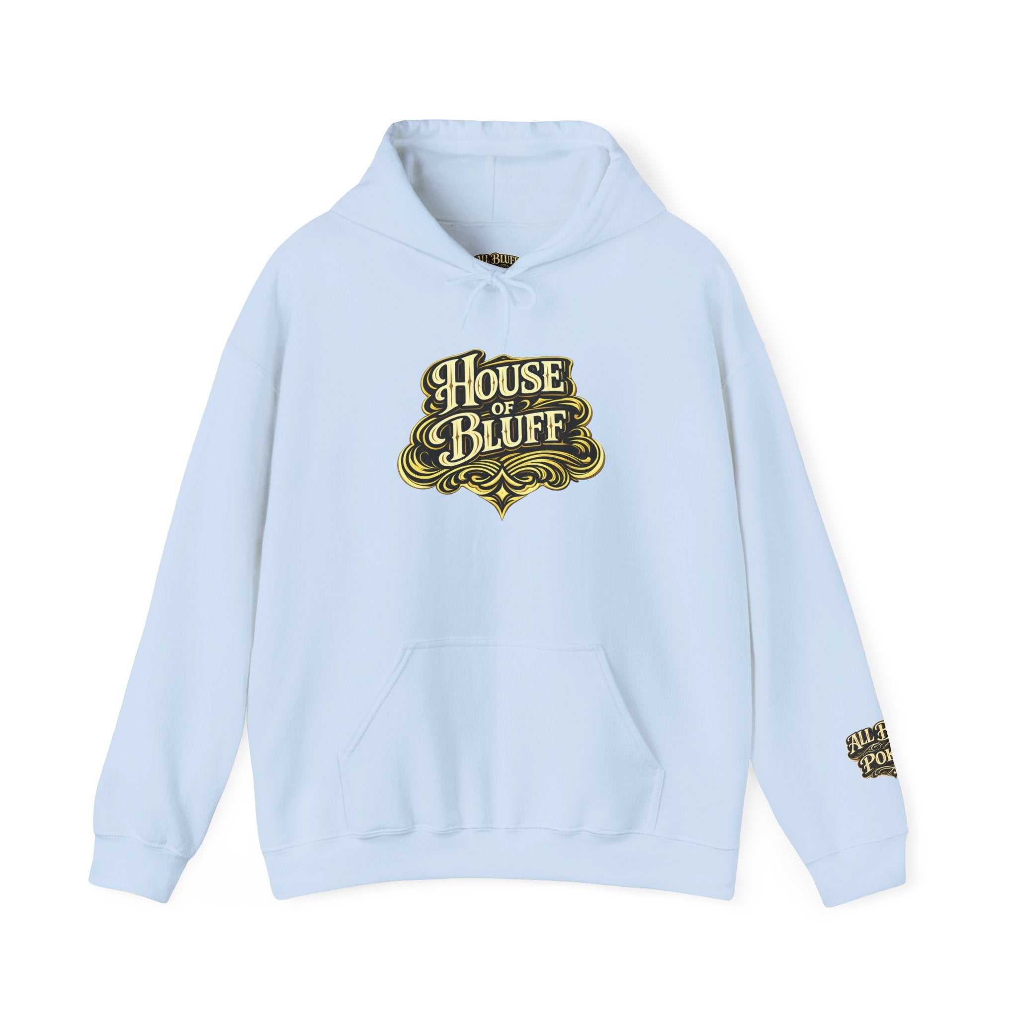 House of Bluff Pullover Hoodie in Light Blue – Front Flat Lay | All Bluff Poker