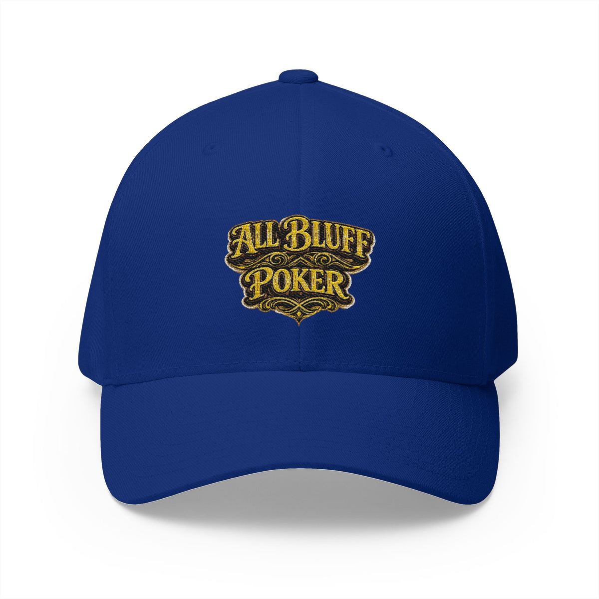 All Bluff Poker Fitted Cap in Royal Blue – Front View | All Bluff Poker