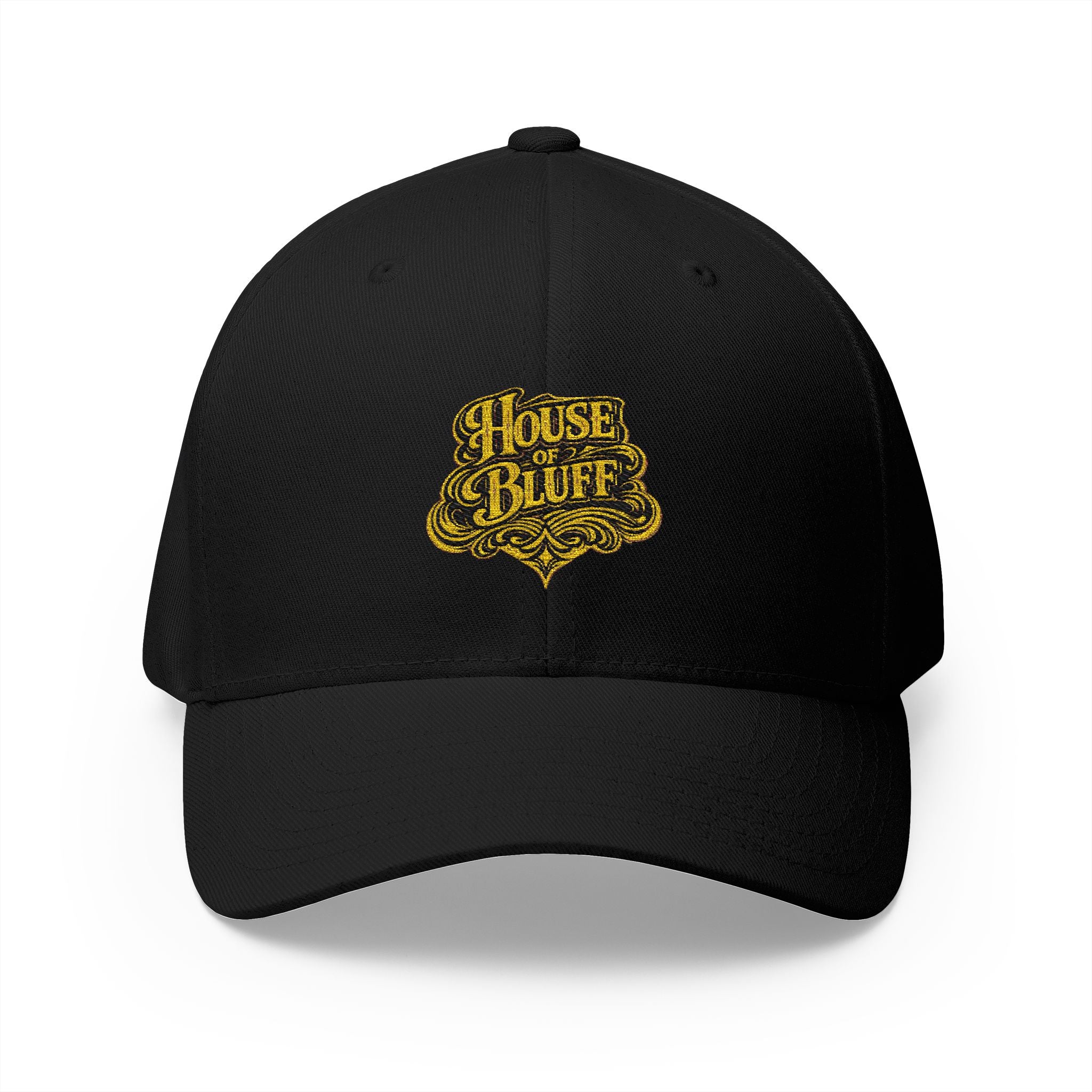 House of Bluff Fitted Cap in Black – Front View | All Bluff Poker