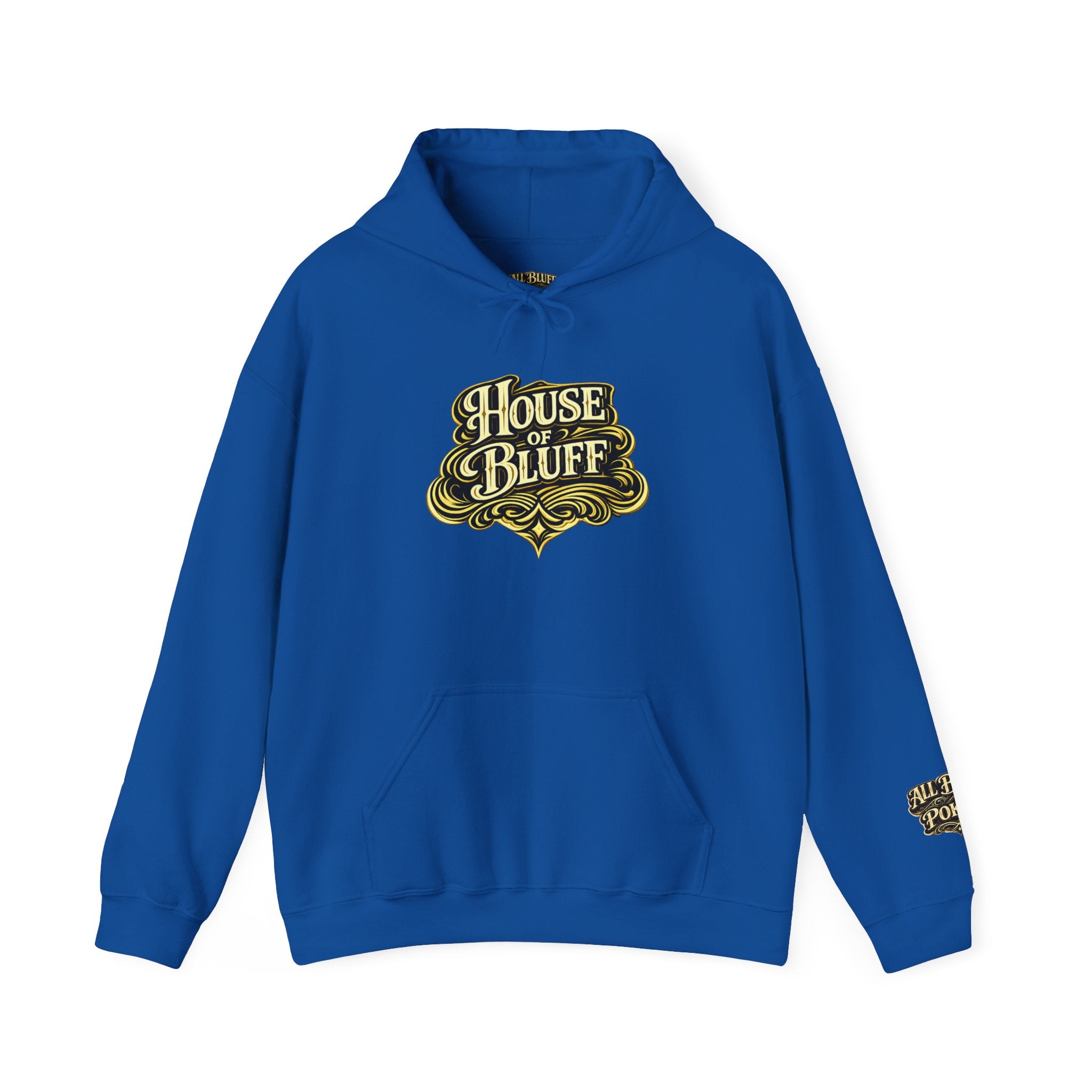 House of Bluff Pullover Hoodie in Royal – Front Flat Lay | All Bluff Poker