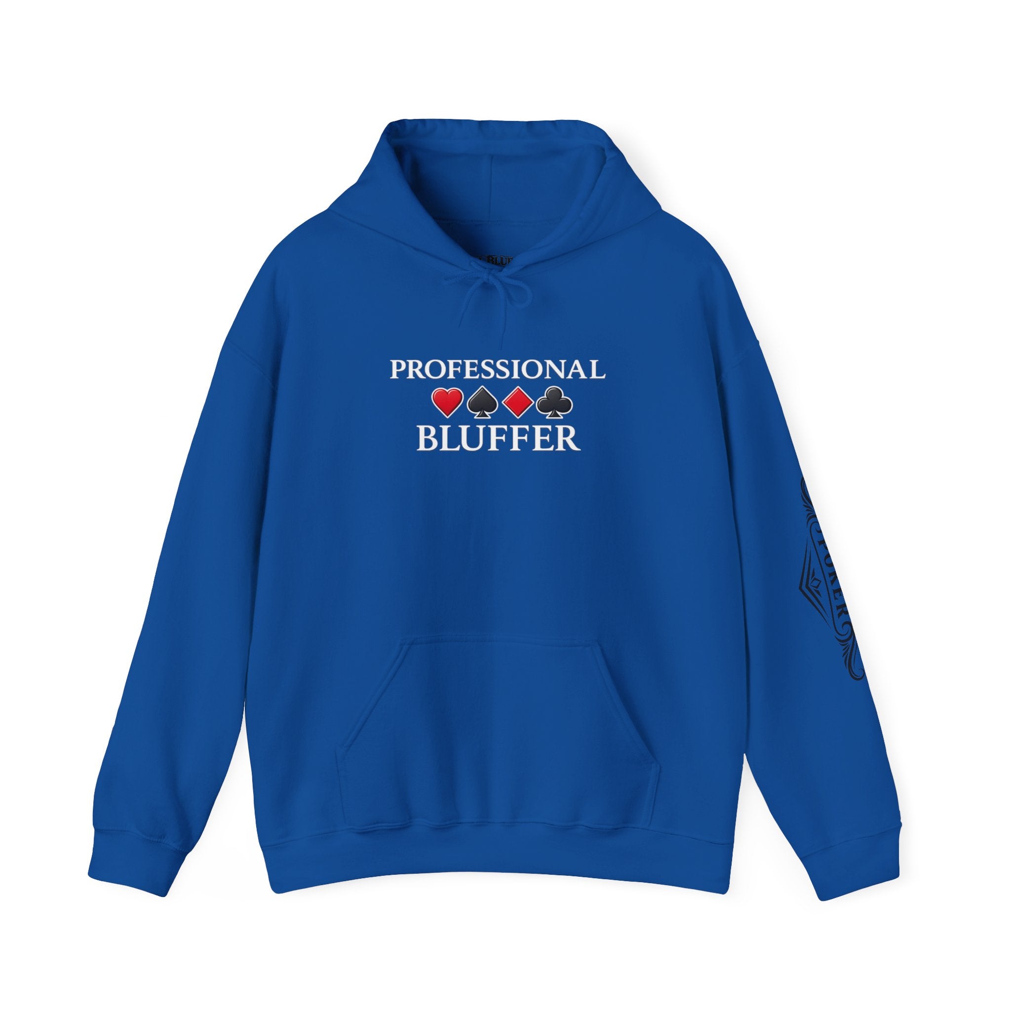 Professional Bluffer Pullover Hoodie in Royal – Front Flat Lay with Left Sleeve Graphic | All Bluff Poker