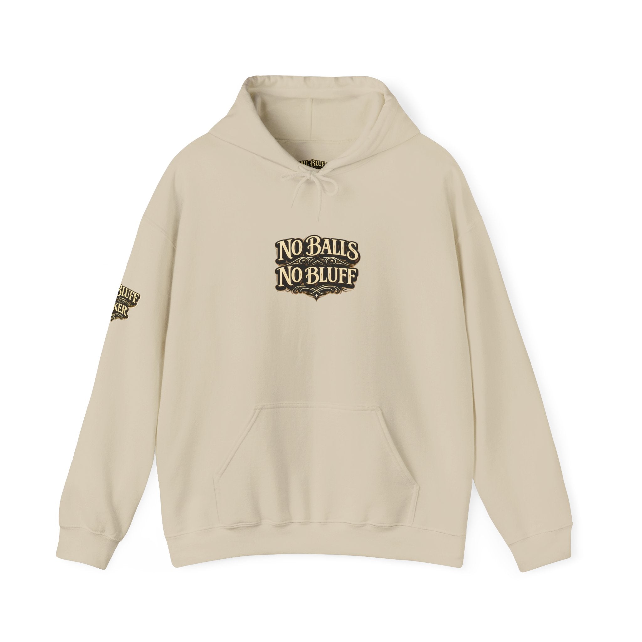 No Balls No Bluff Pullover Hoodie in Sand – Front Flat Lay | All Bluff Poker