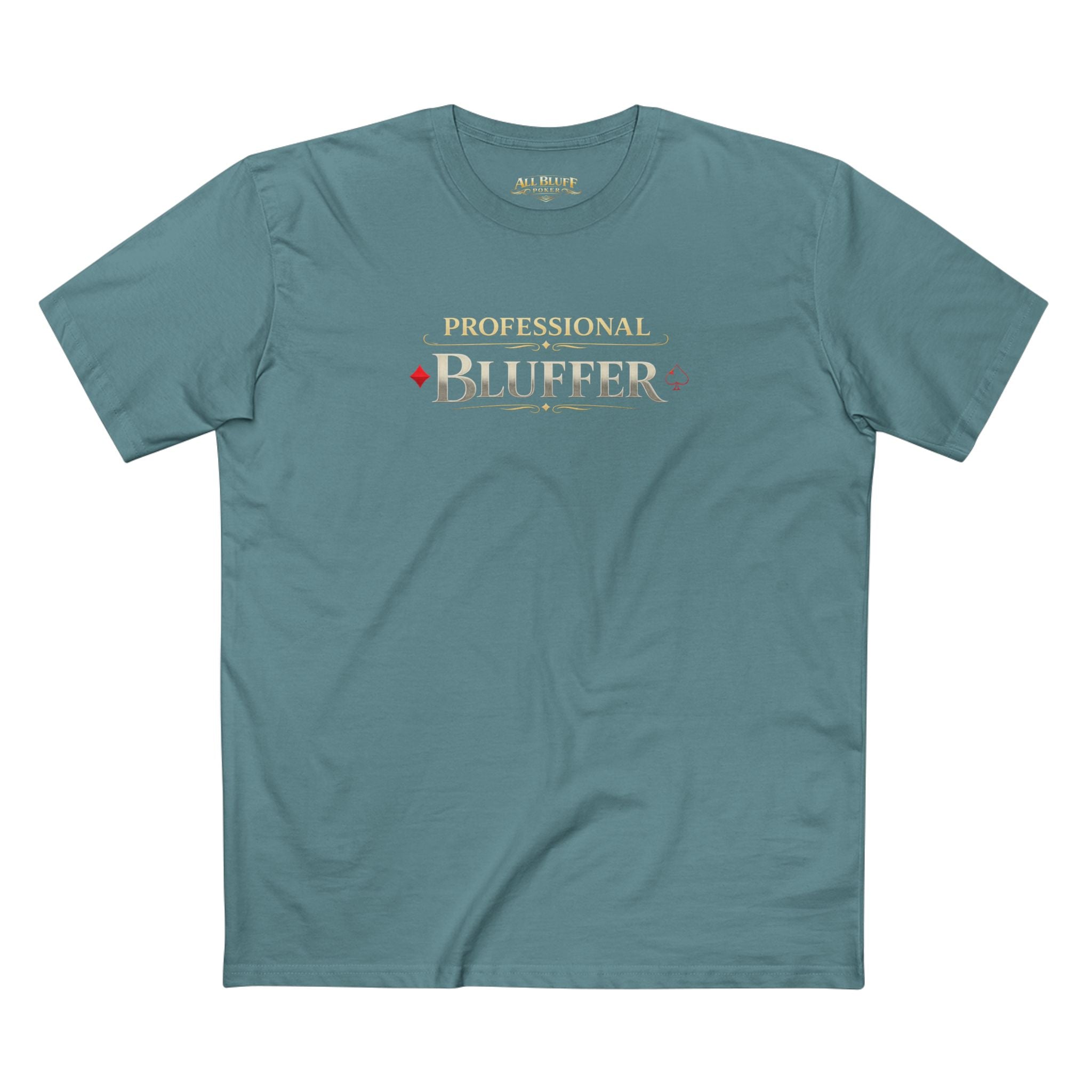 Professional Bluffer T-Shirt in Slate Blue – Front Flat Lay | All Bluff Poker