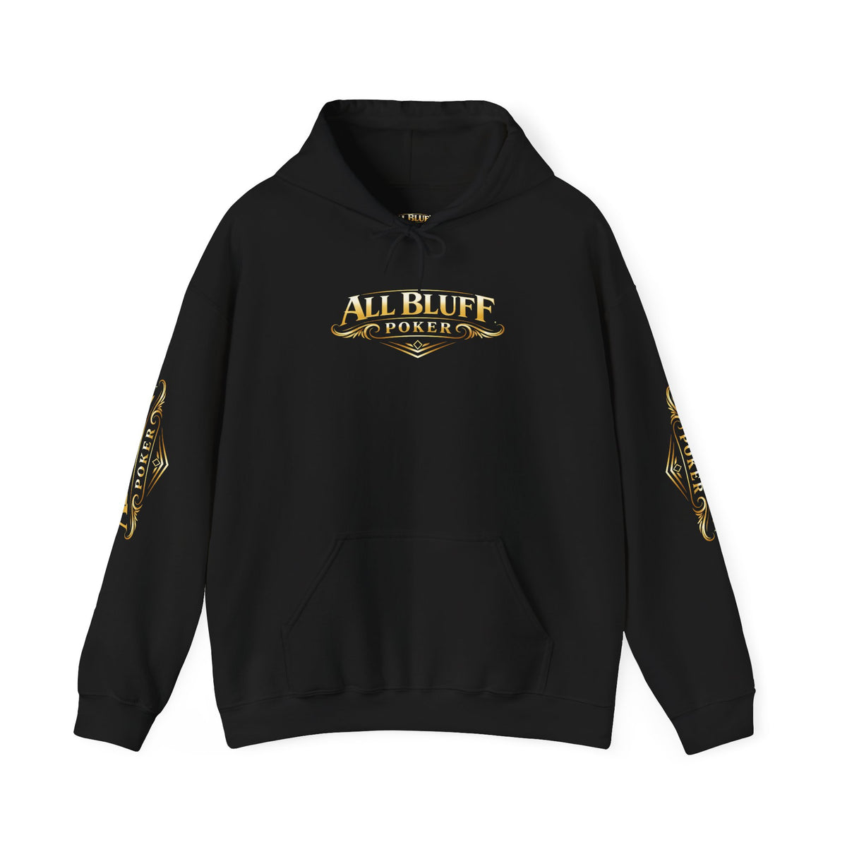 All Bluff Poker Pullover Hoodie in Black – Front Flat Lay with Left and Right Sleeve Graphics | All Bluff Poker