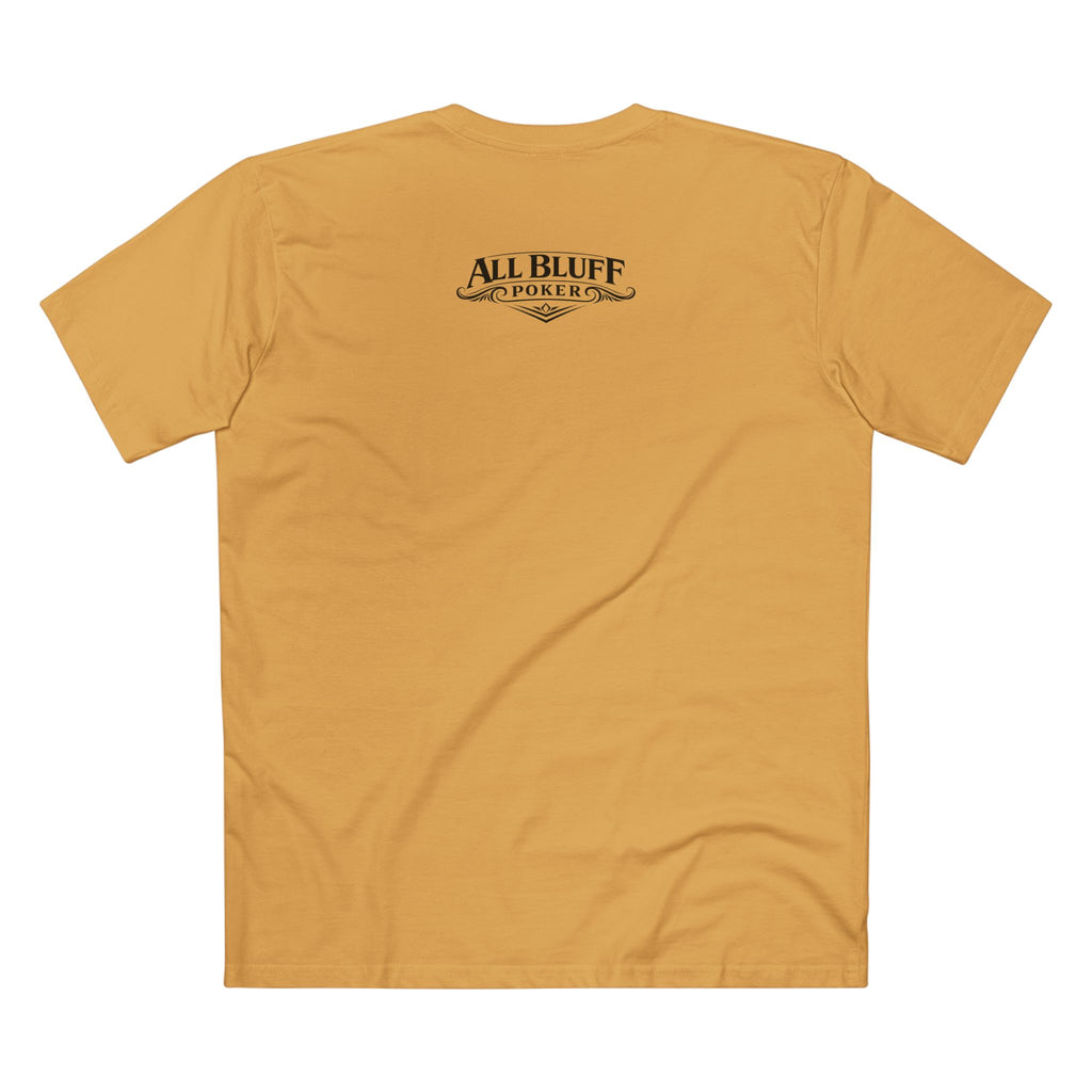 All Bluff No Fear T-Shirt in Mustard – Back Flat Lay | All Bluff Poker