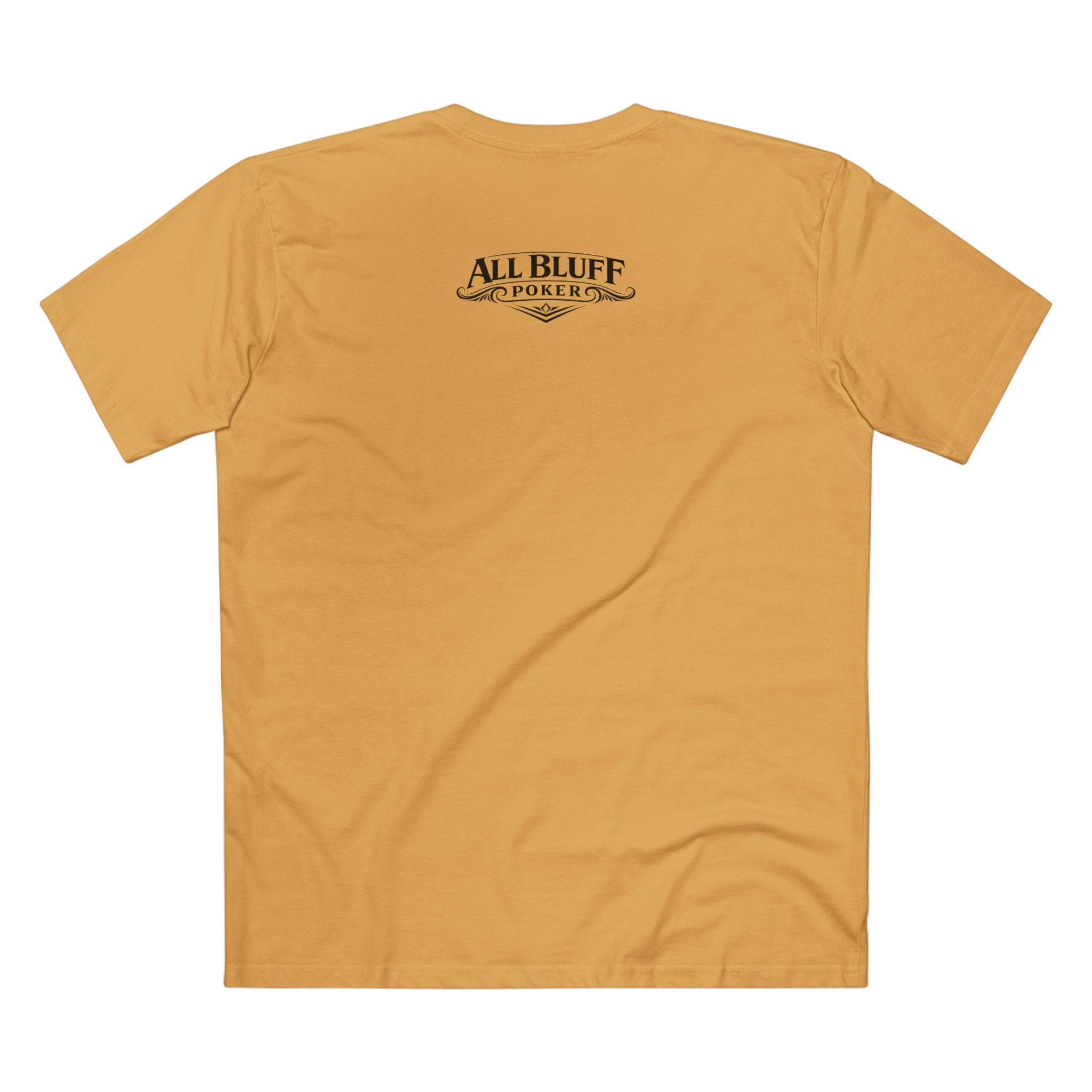 All Bluff No Fear T-Shirt in Mustard – Back Flat Lay | All Bluff Poker