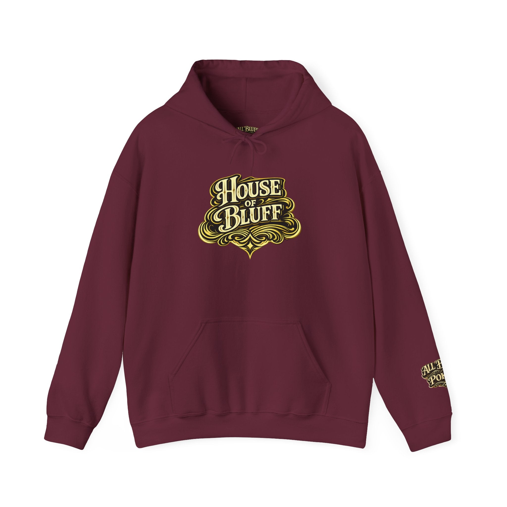House of Bluff Pullover Hoodie in Maroon – Front Flat Lay | All Bluff Poker