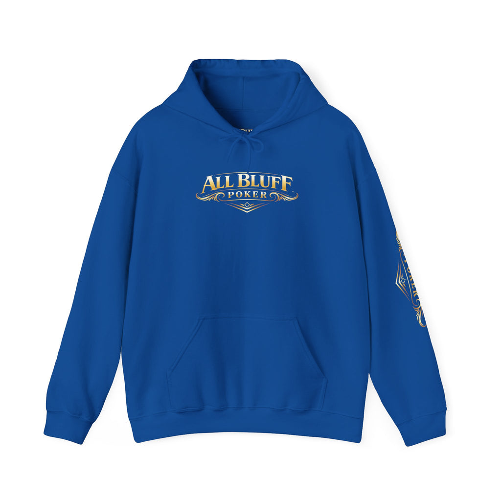 7-2 Style Pullover Hoodie in Royal – Front Flat Lay with Left Sleeve Graphic | All Bluff Poker