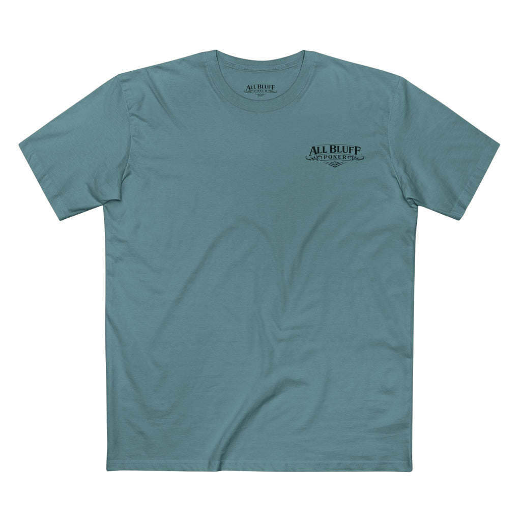 No Balls No Bluff T-Shirt in Slate Blue – Front Flat Lay | All Bluff Poker