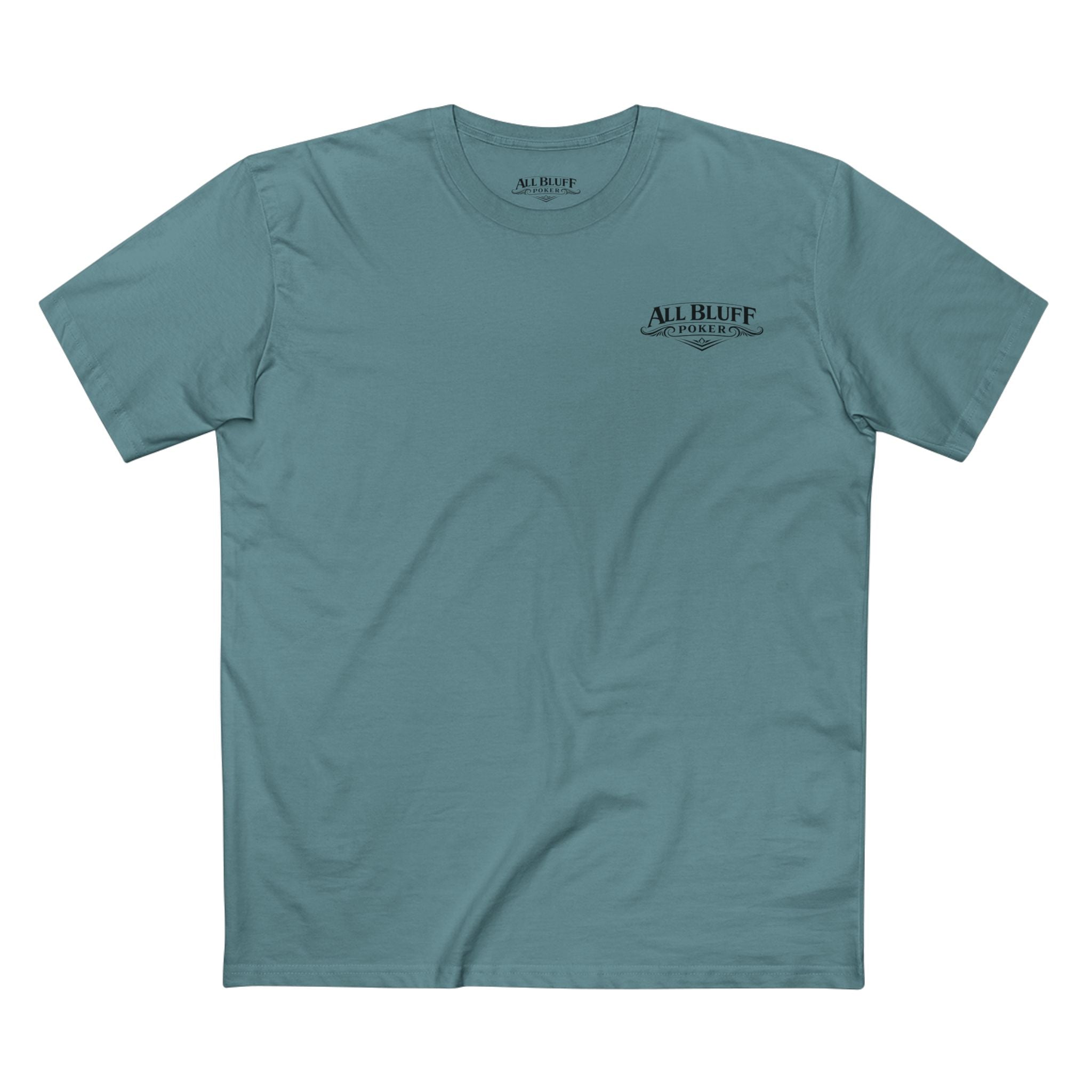 No Balls No Bluff T-Shirt in Slate Blue – Front Flat Lay | All Bluff Poker