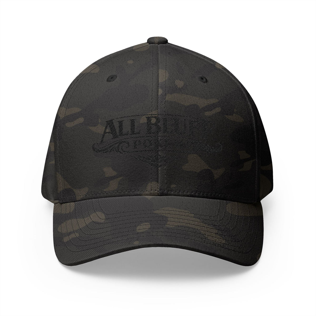 All Bluff Poker Fitted Cap in Multicam Black – Front View | All Bluff Poker