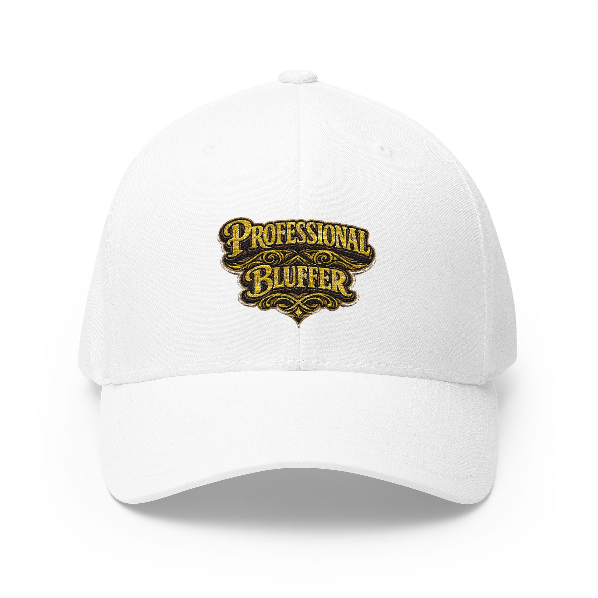Professional Bluffer Fitted Cap in White – Front View | All Bluff Poker