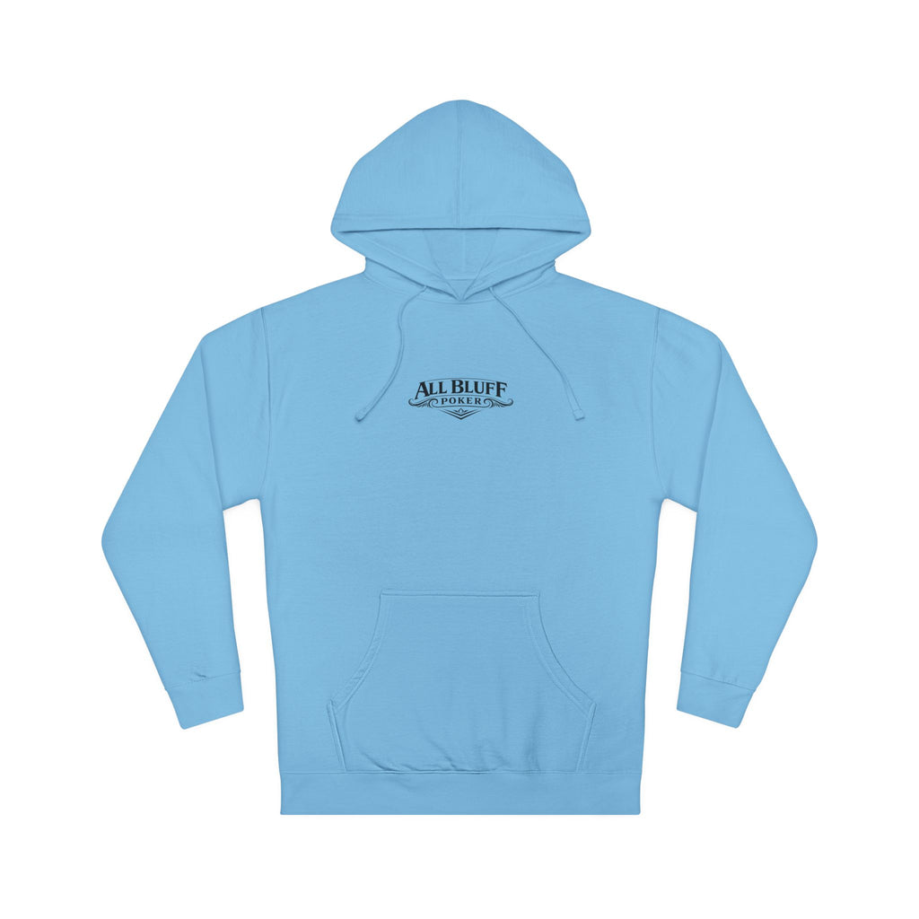 All Bluff No Fear Pullover Hoodie in Blue Aqua – Front Flat Lay | All Bluff Poker