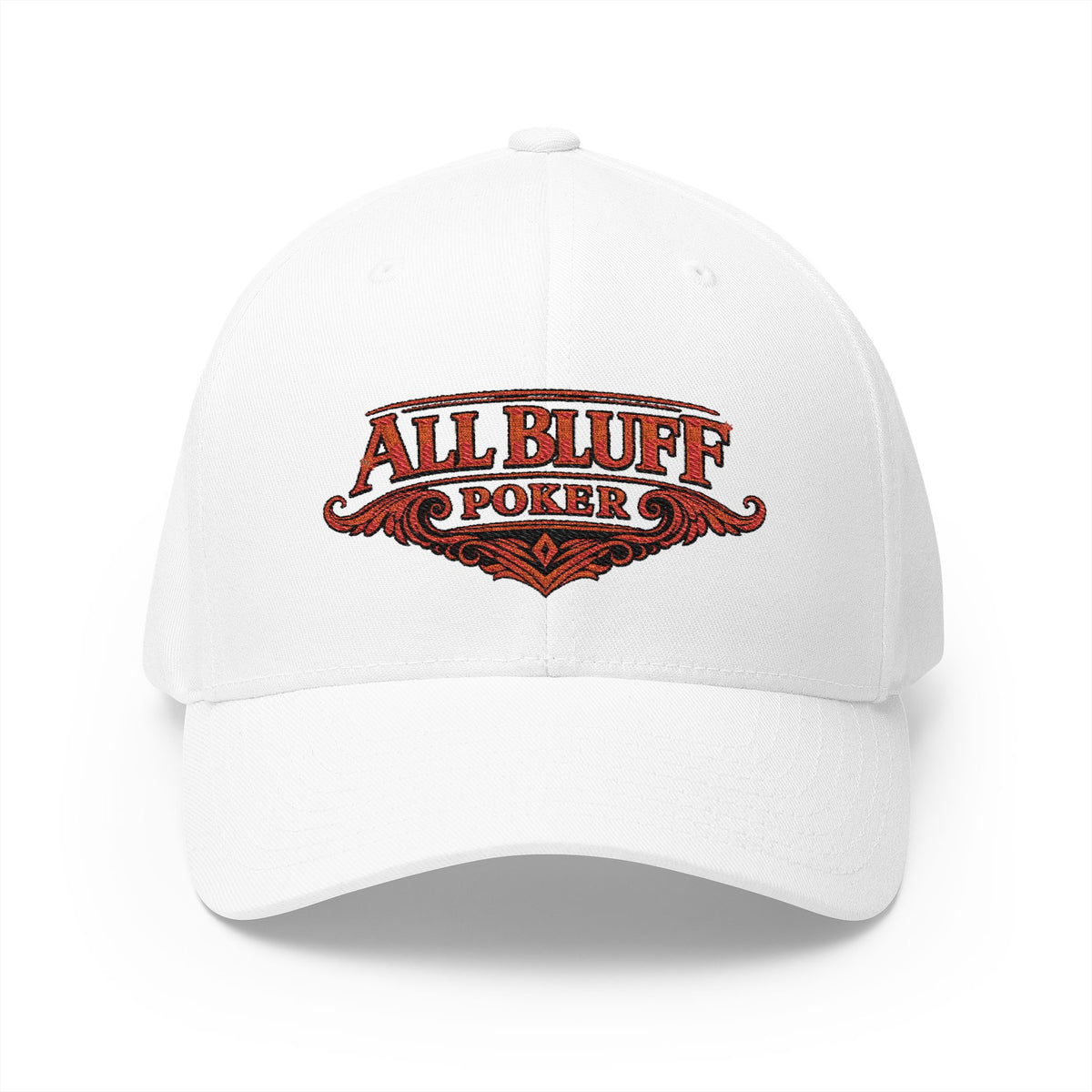 All Bluff Poker Fitted Cap in White – Front View | All Bluff Poker