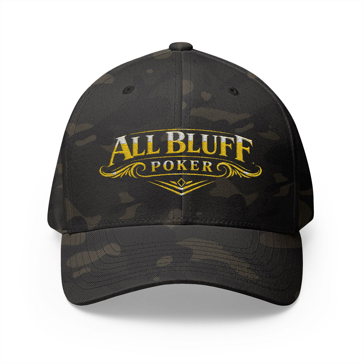 All Bluff Poker Fitted Cap in Multicam Black – Front View | All Bluff Poker