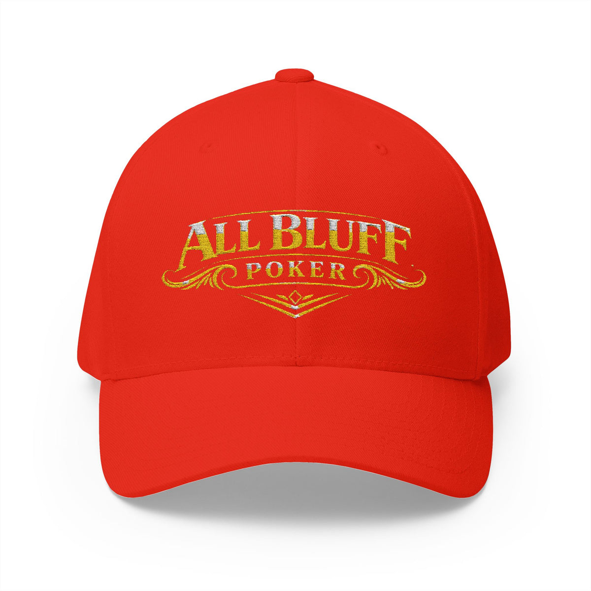 All Bluff Poker Fitted Cap in Red – Front View | All Bluff Poker