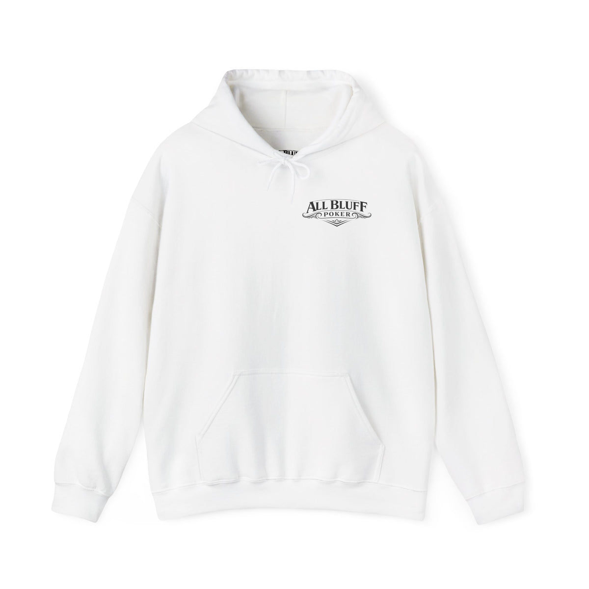 All Bluff Poker Pullover Hoodie in White – Front Flat Lay | All Bluff Poker