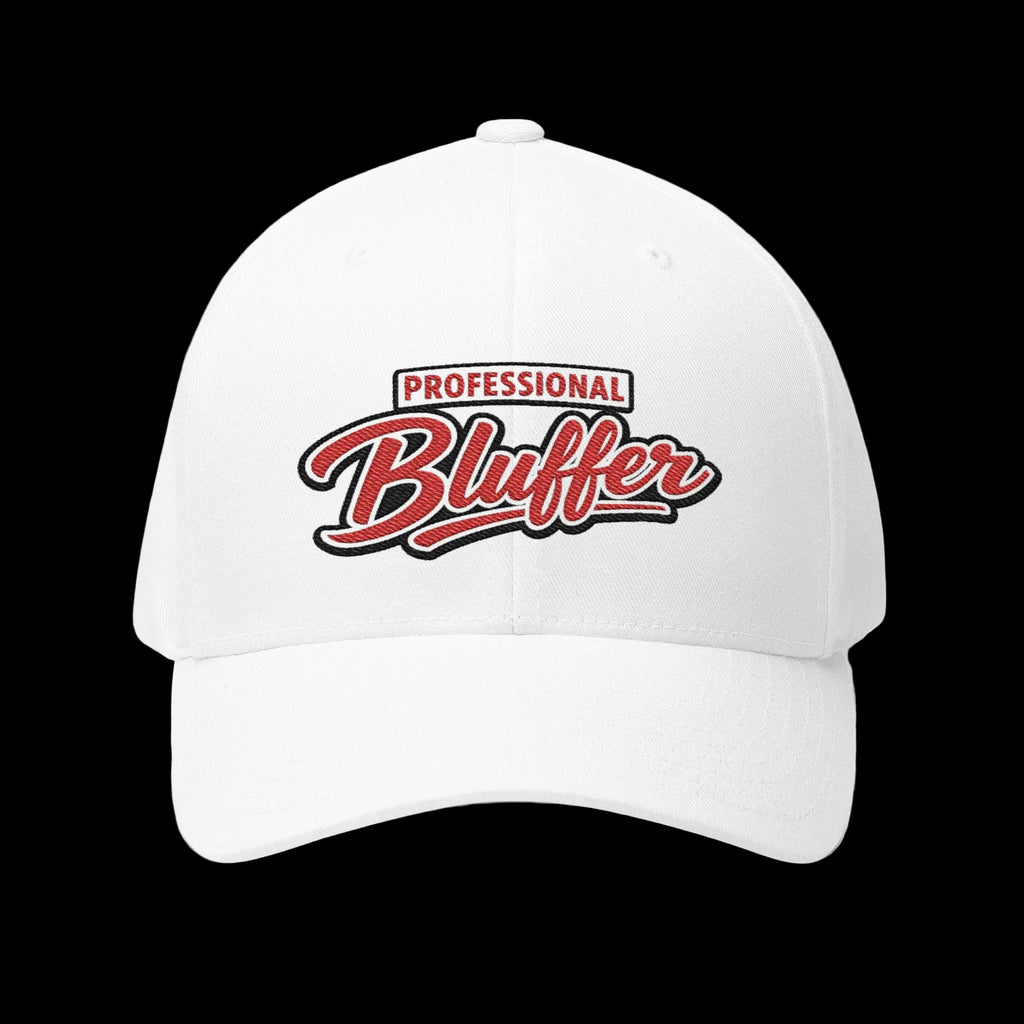 Professional Bluffer Fitted Cap in White – Front View | All Bluff Poker