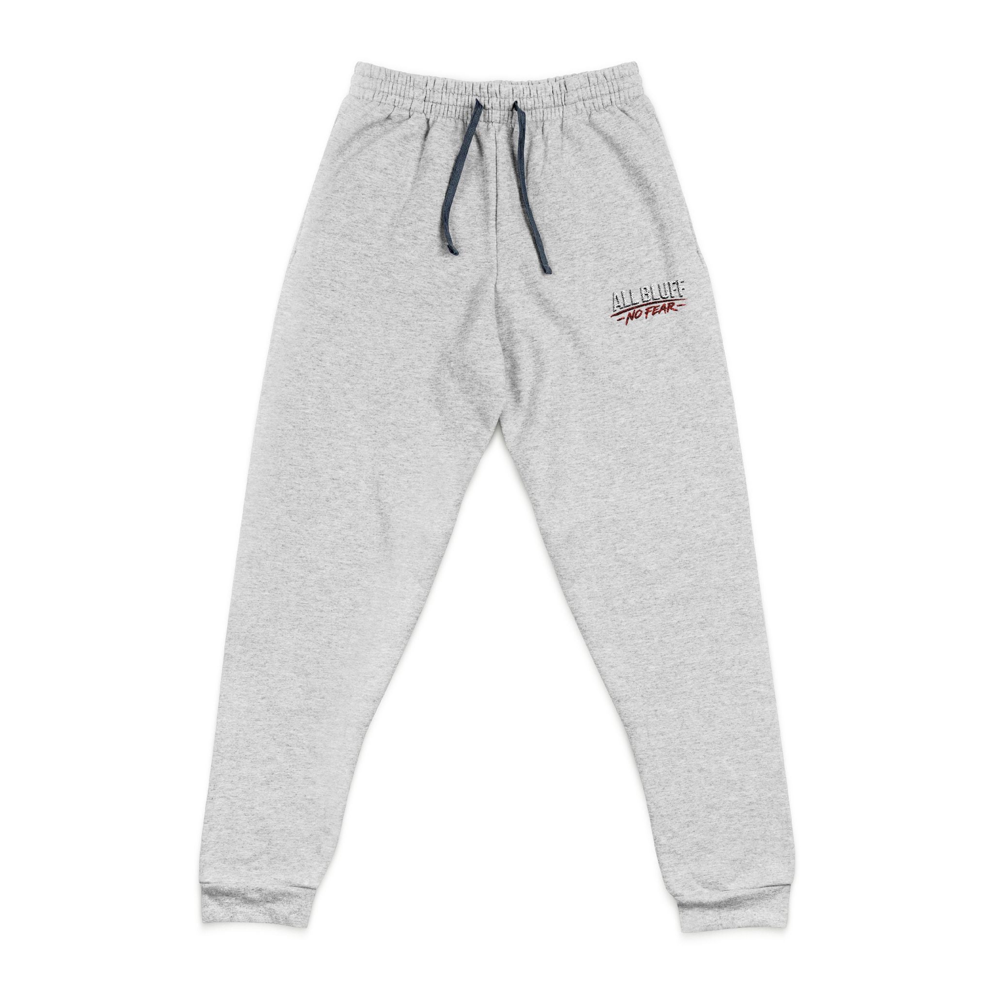 All Bluff No Fear Relaxed Sweatpants in Athletic Heather – Front Flat Lay with Left Leg Embroidery | All Bluff Poker