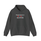 Professional Bluffer Pullover Hoodie in Dark Heather – Front Flat Lay with Left Sleeve Graphic | All Bluff Poker