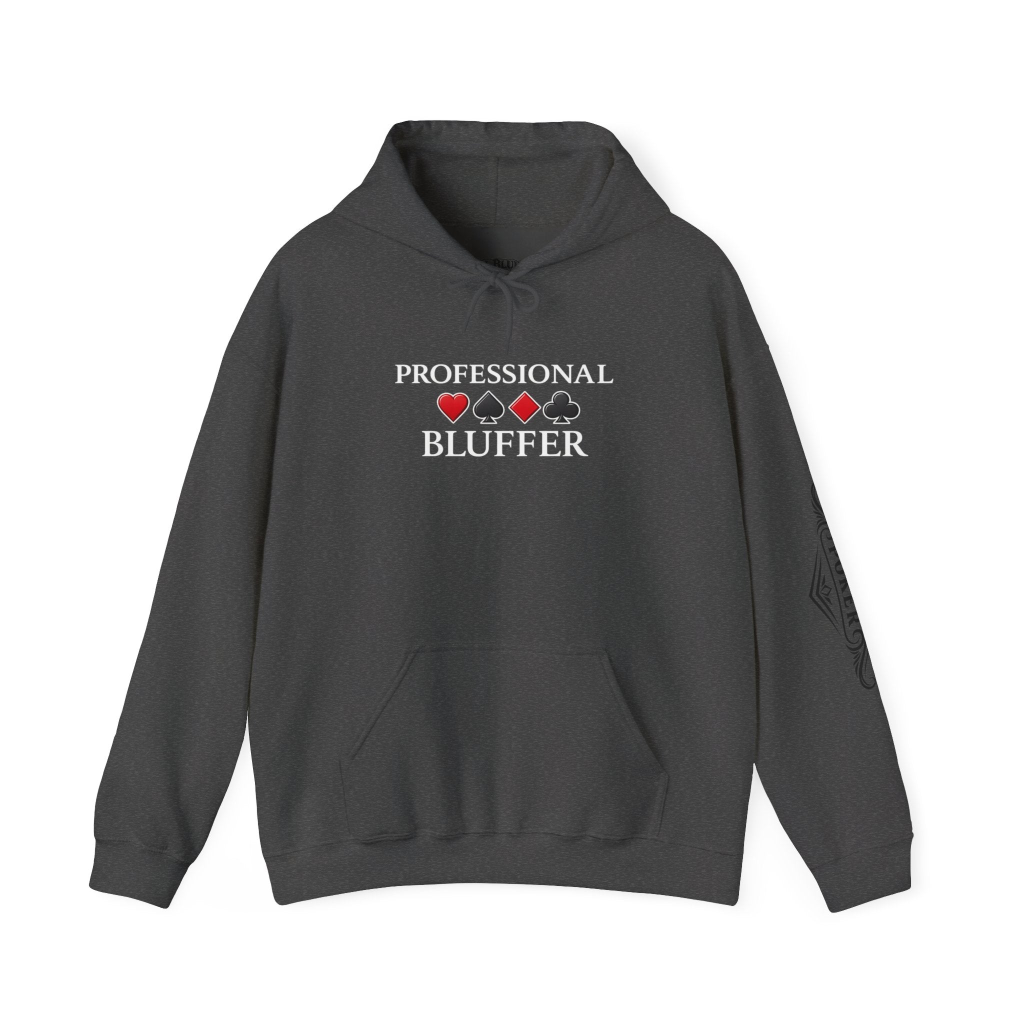 Professional Bluffer Pullover Hoodie in Dark Heather – Front Flat Lay with Left Sleeve Graphic | All Bluff Poker
