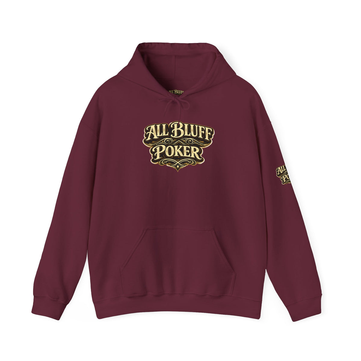 All Bluff Poker Pullover Hoodie in Maroon – Front Flat Lay with Left Sleeve Graphic | All Bluff Poker