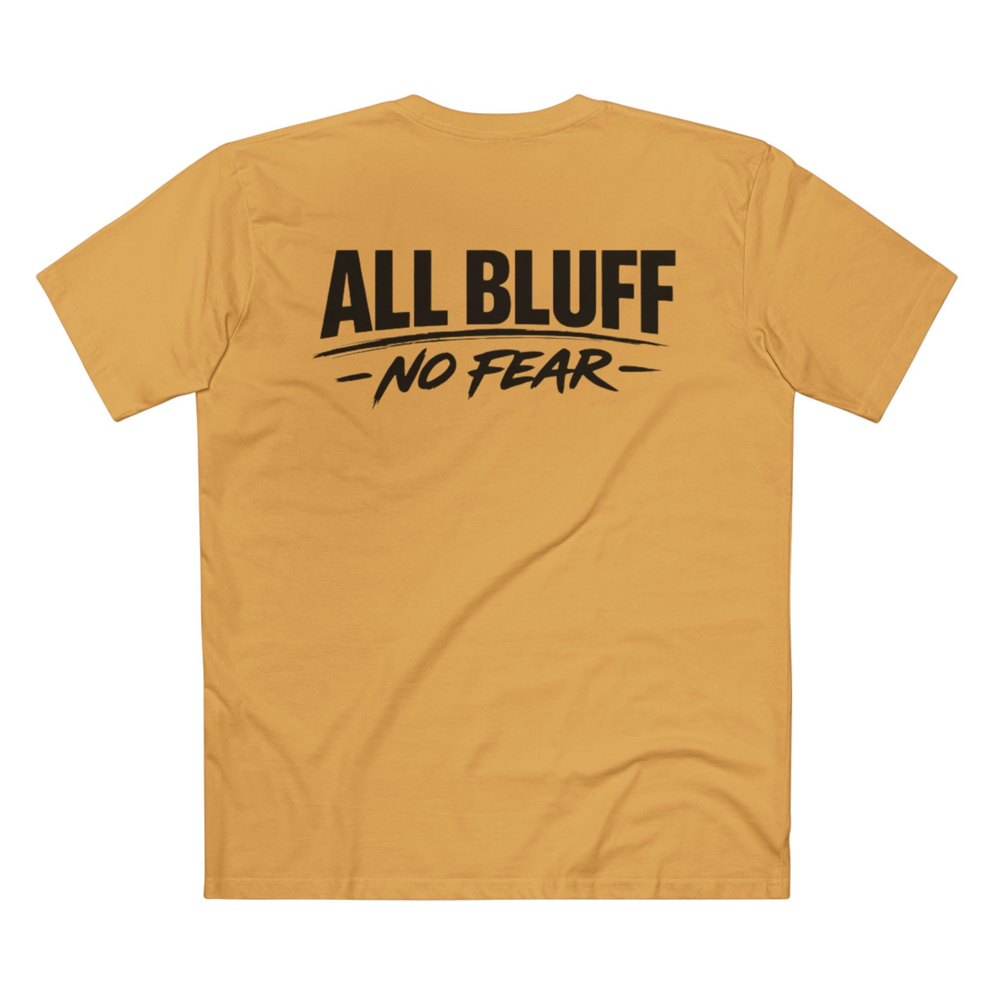 All Bluff No Fear T-Shirt in Mustard – Back Flat Lay | All Bluff Poker