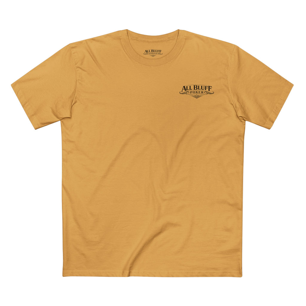 No Balls No Bluff T-Shirt in Mustard – Front Flat Lay | All Bluff Poker