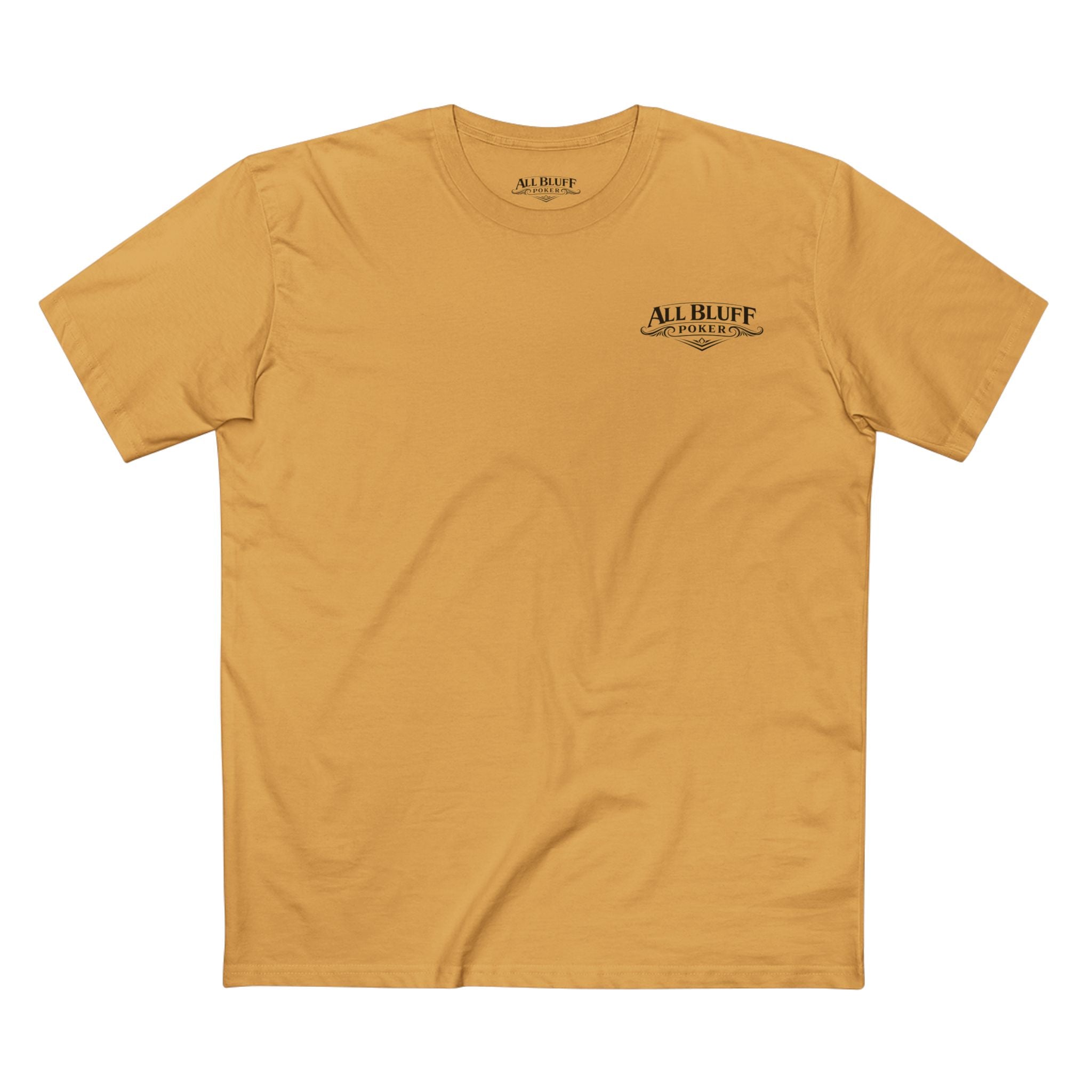No Balls No Bluff T-Shirt in Mustard – Front Flat Lay | All Bluff Poker