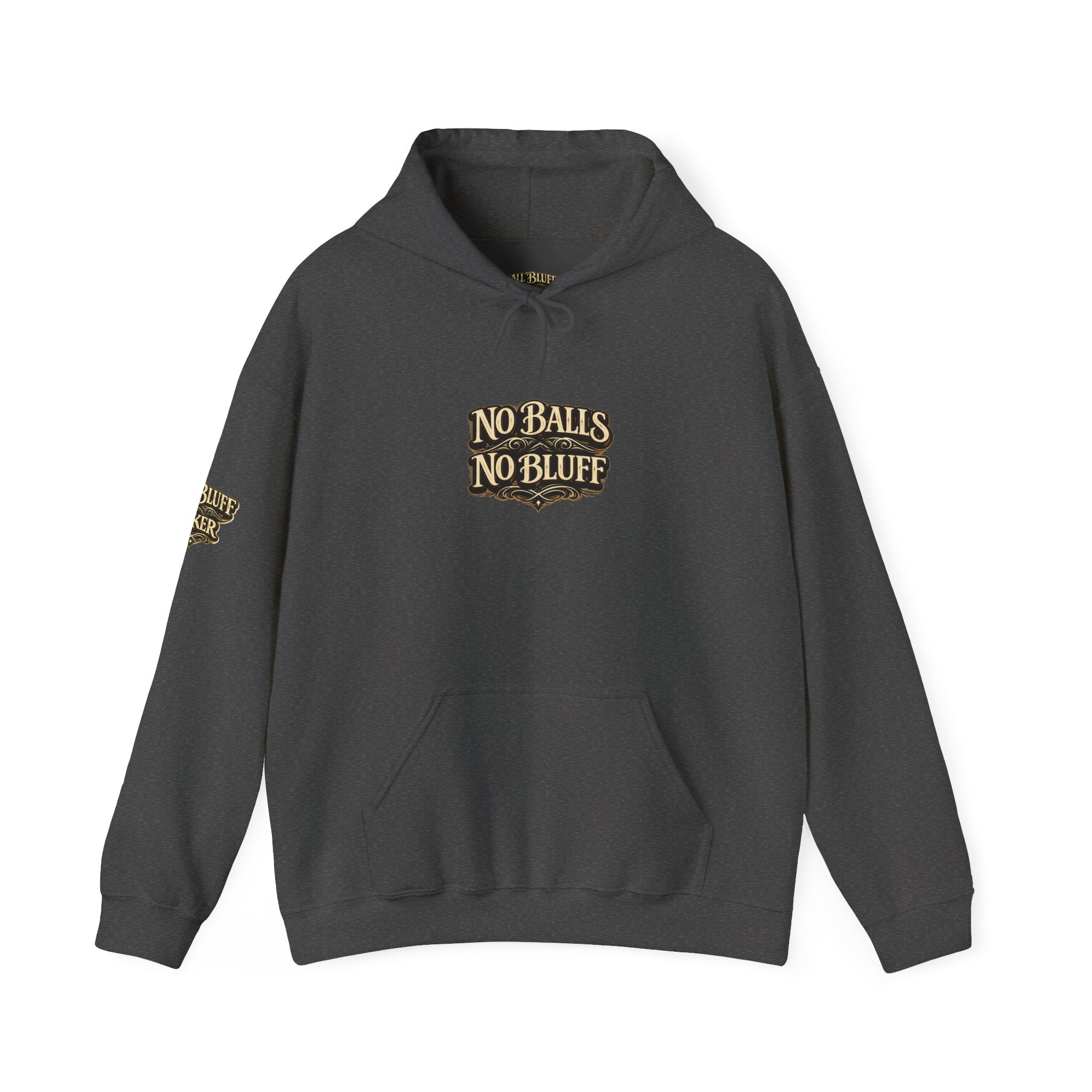 No Balls No Bluff Pullover Hoodie in Dark Heather – Front Flat Lay | All Bluff Poker