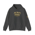 All Bluff Poker Pullover Hoodie in Dark Heather – Front Flat Lay with Left Sleeve Graphic | All Bluff Poker