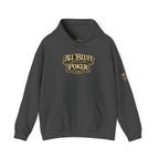 All Bluff Poker Pullover Hoodie in Dark Heather – Front Flat Lay with Left Sleeve Graphic | All Bluff Poker