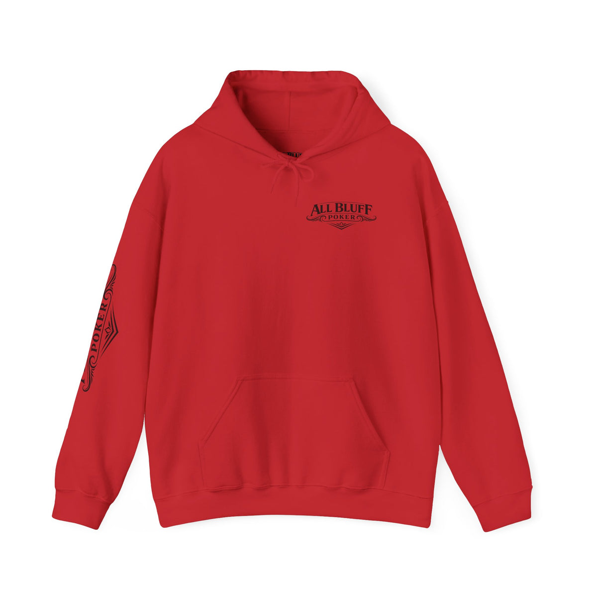 All Bluff Poker Pullover Hoodie in Red – Front Flat Lay with Right Sleeve Graphic | All Bluff Poker