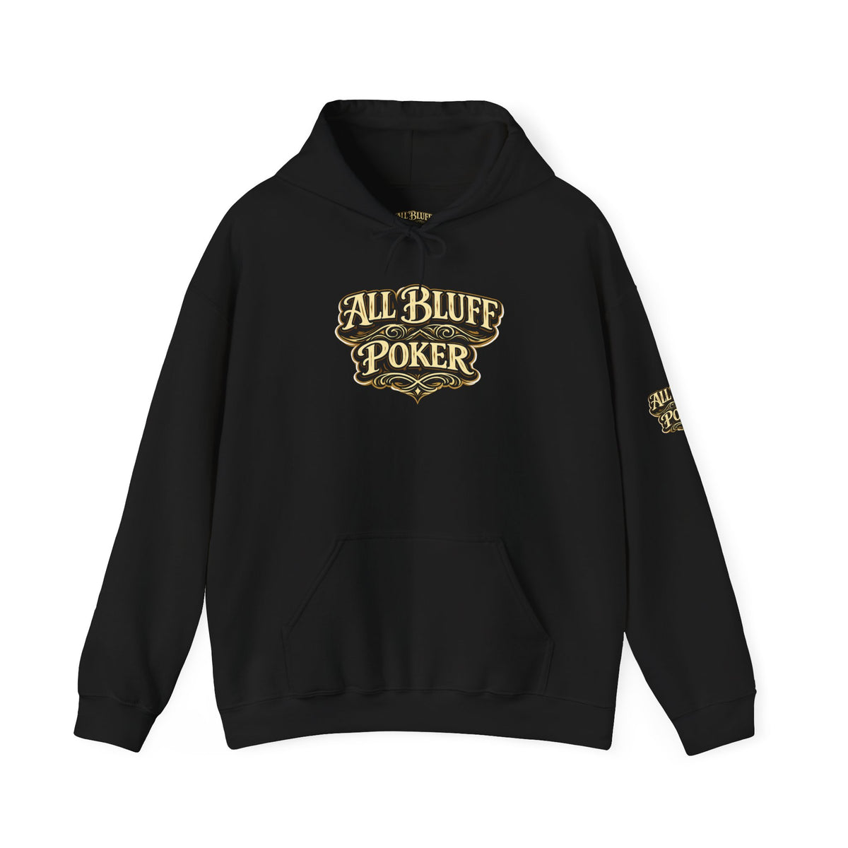 All Bluff Poker Pullover Hoodie in Black – Front Flat Lay with Left Sleeve Graphic | All Bluff Poker