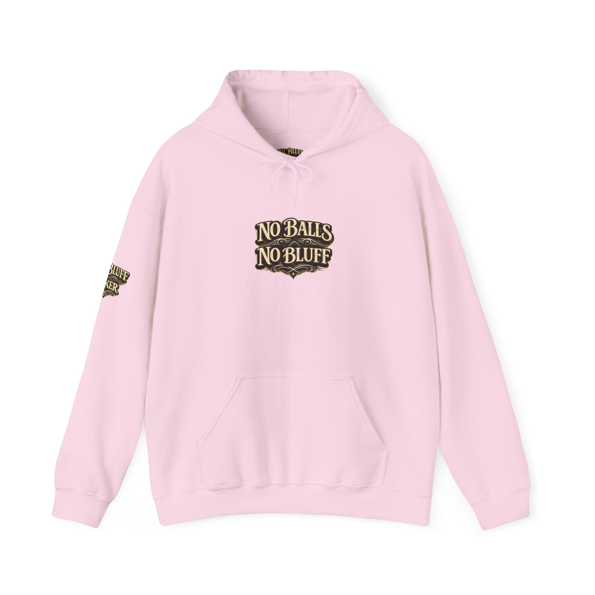 No Balls No Bluff Pullover Hoodie in Light Pink – Front Flat Lay | All Bluff Poker