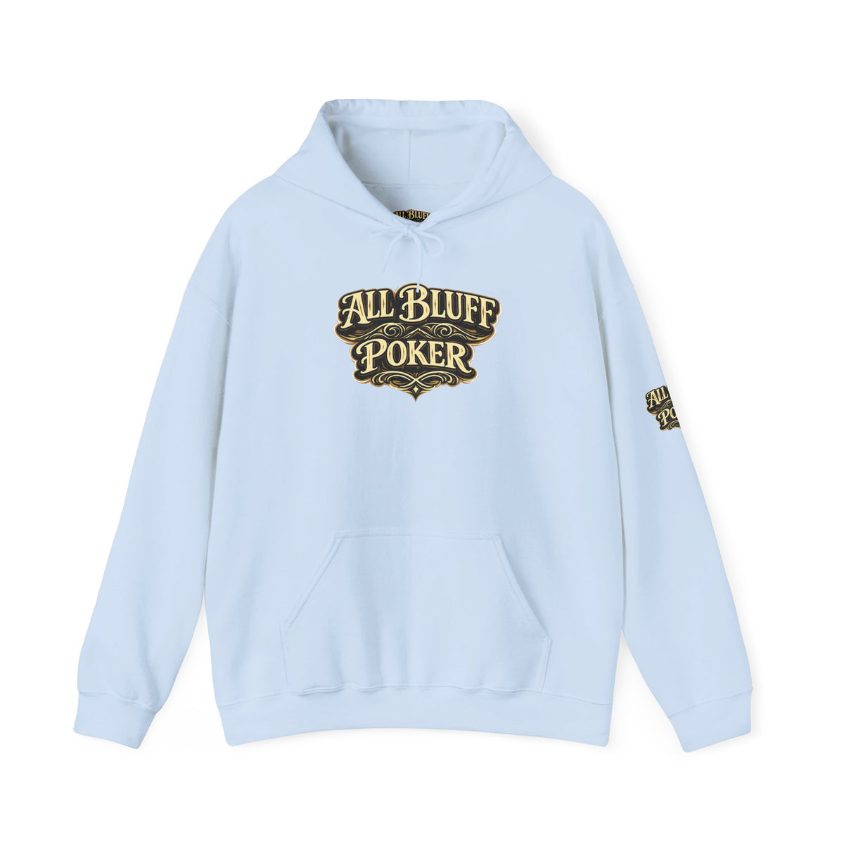 All Bluff Poker Pullover Hoodie in Light Blue – Front Flat Lay with Left Sleeve Graphic | All Bluff Poker