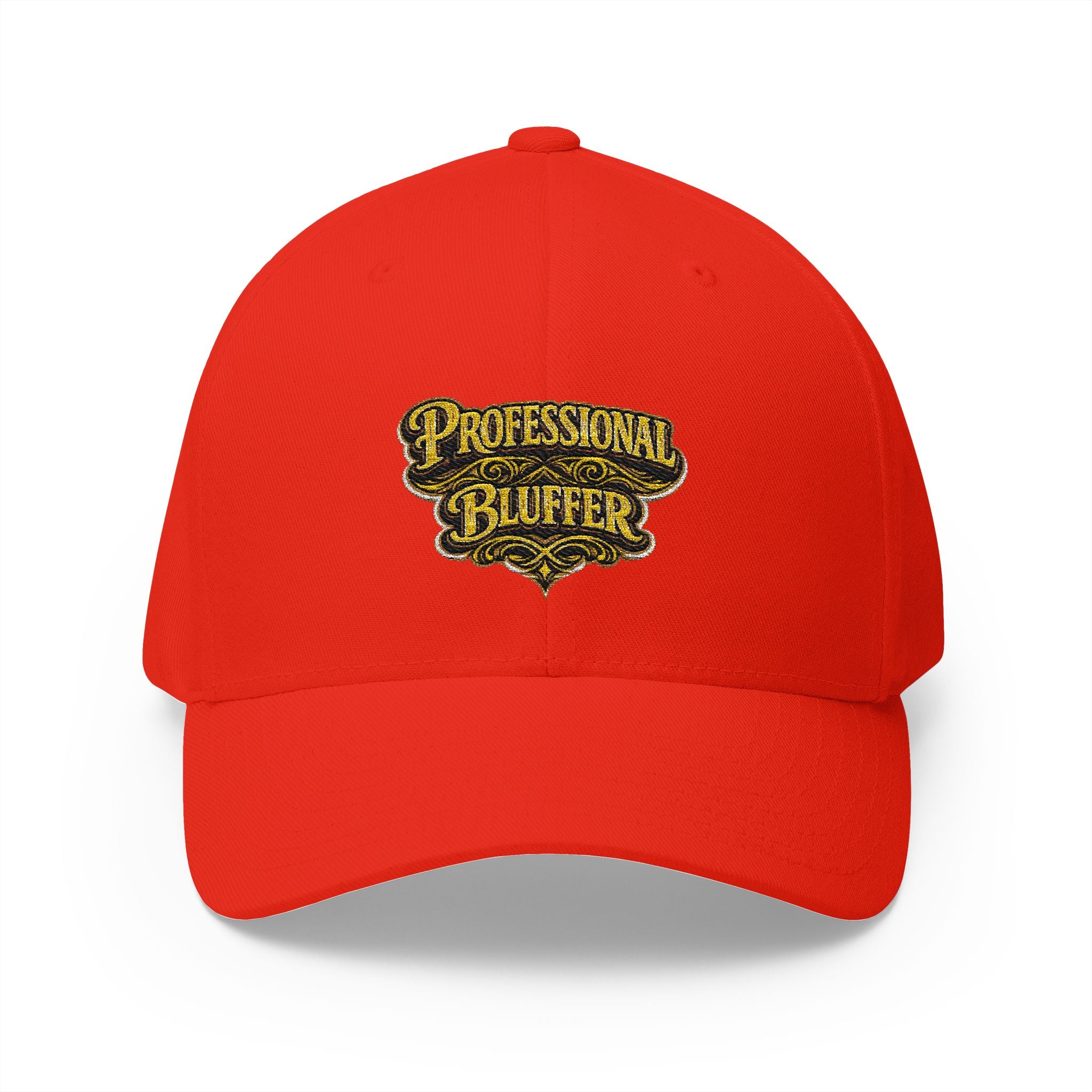 Professional Bluffer Fitted Cap in Red – Front View | All Bluff Poker