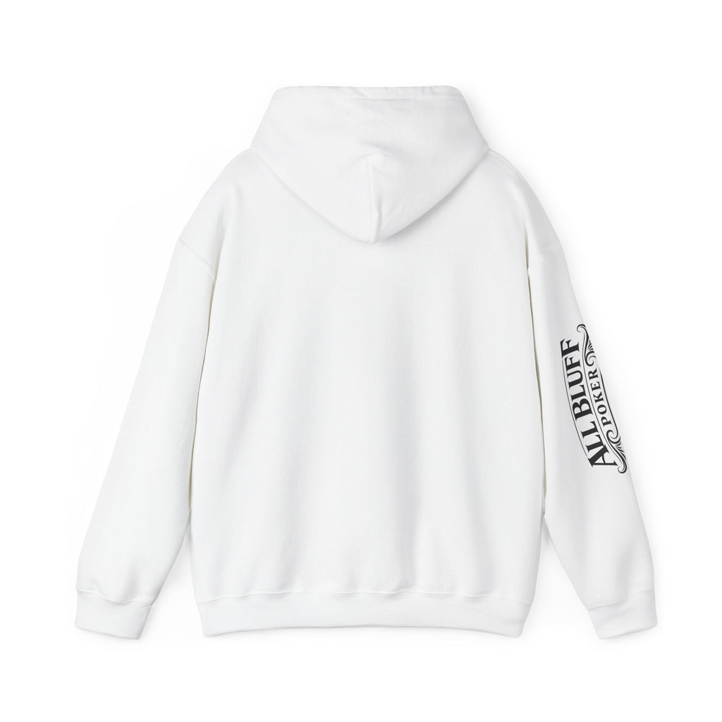All Bluff Poker Pullover Hoodie in White – Back Flat Lay | All Bluff Poker