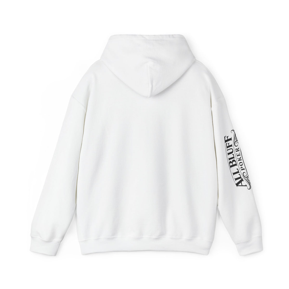 All Bluff Poker Pullover Hoodie in White – Back Flat Lay | All Bluff Poker